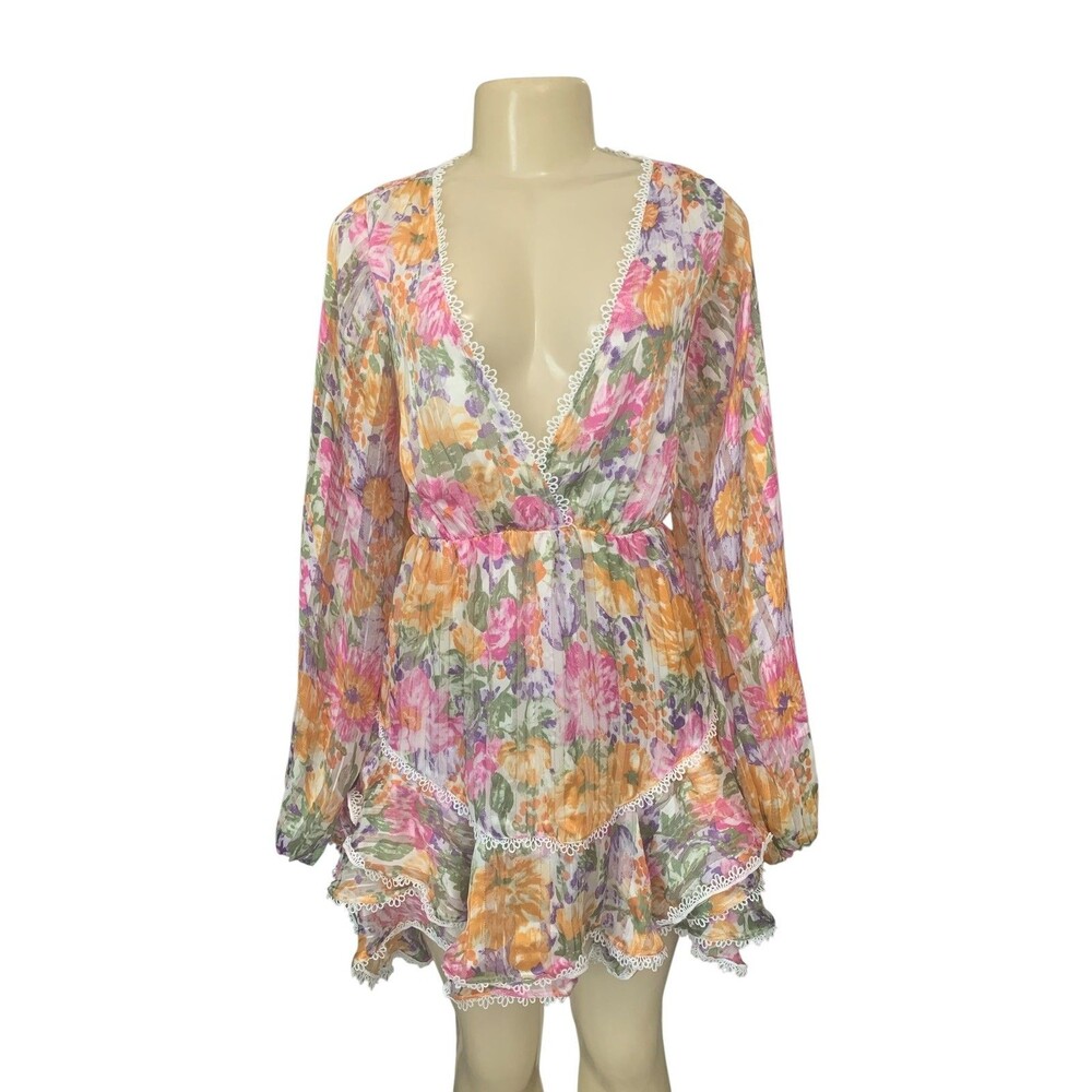 Luxxel Dress Womens Small White Multi Floral Ruffle Long Sleeve Open Back Tie